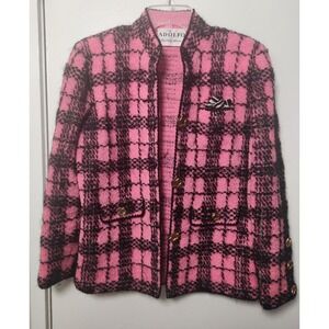 Adolpho Pink and Black Wool Plaid Jacket Gold Buttons Vtg Sweater Med Union Made